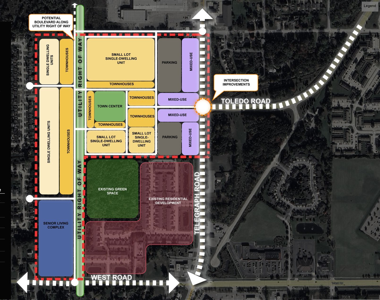 Conceptual Brownstown Town Center site plan showing mixed-use, residential, parking, town center, and street connections