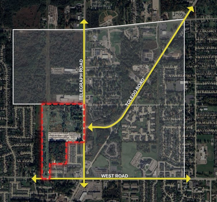 Location map showing the Brownstown Town Center area near Telegraph Road, West Road, King Road, and Dix-Toledo Road