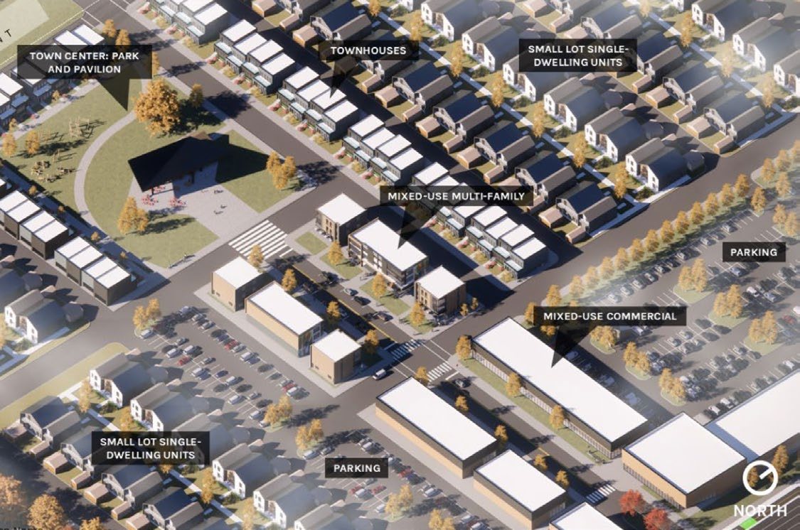 Retail market opportunity plan with mixed-use commercial areas, parking, townhouses, and small-lot single dwelling units